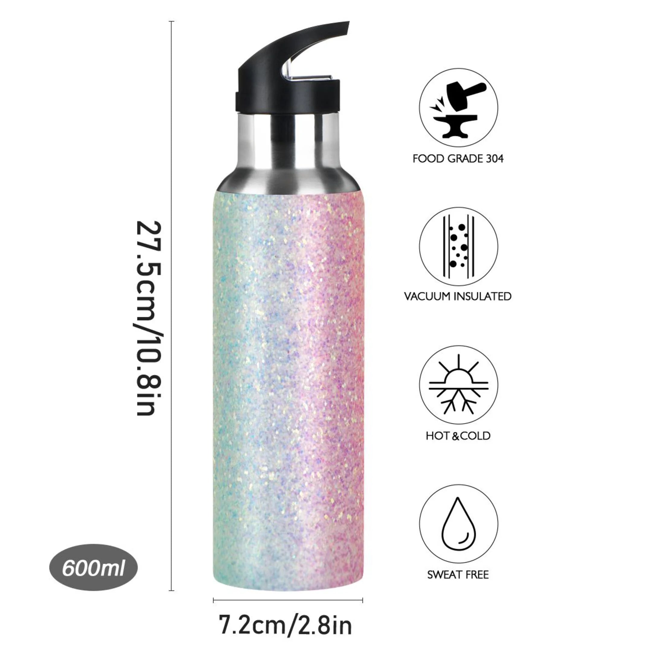 Rainbow Glitter Gradient Stainless Steel Vacuum Insulated Water Bottle with Straw Lid 20 OZ B900007
