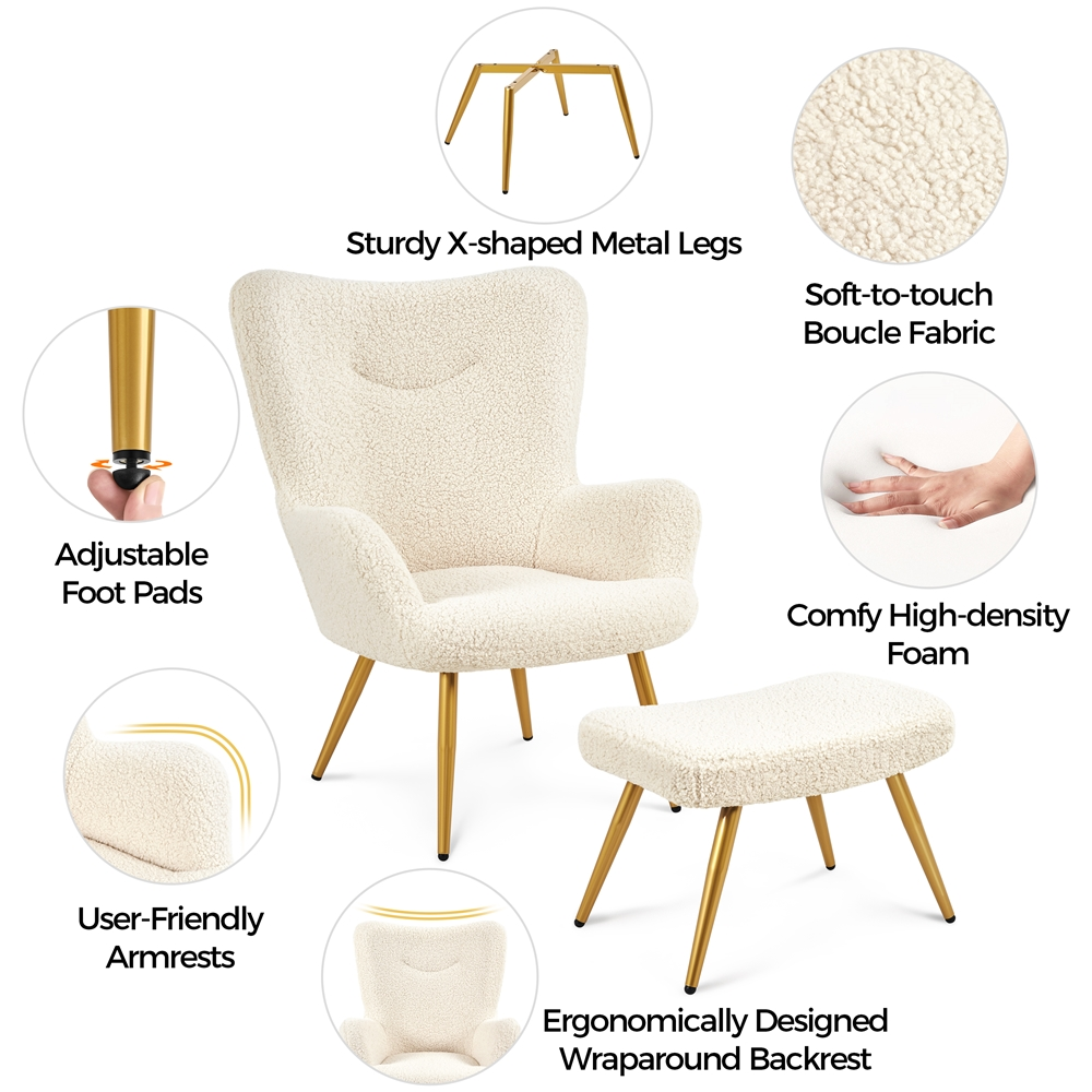Ivory Boucle Accent Chair and Ottoman Set with Golden Metal Legs I17523