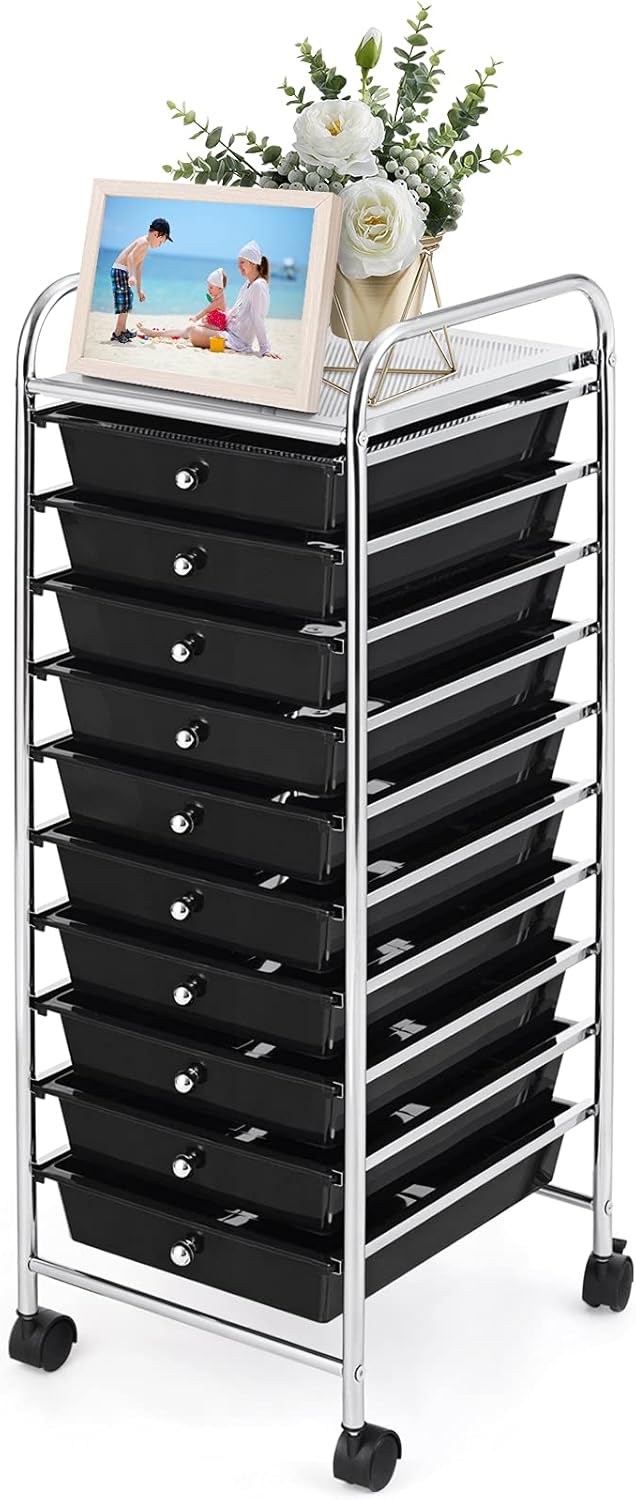 Black Rolling Drawer Cart with 10 Drawers, Metal Frame E567