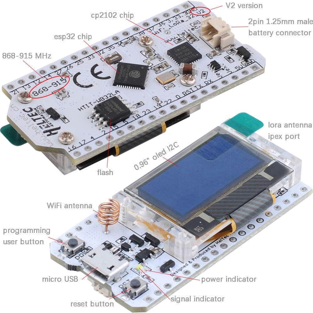 ESP32 OLED LoRa 915MHz Module V2 with SMA Antenna, Pack of 2 N653