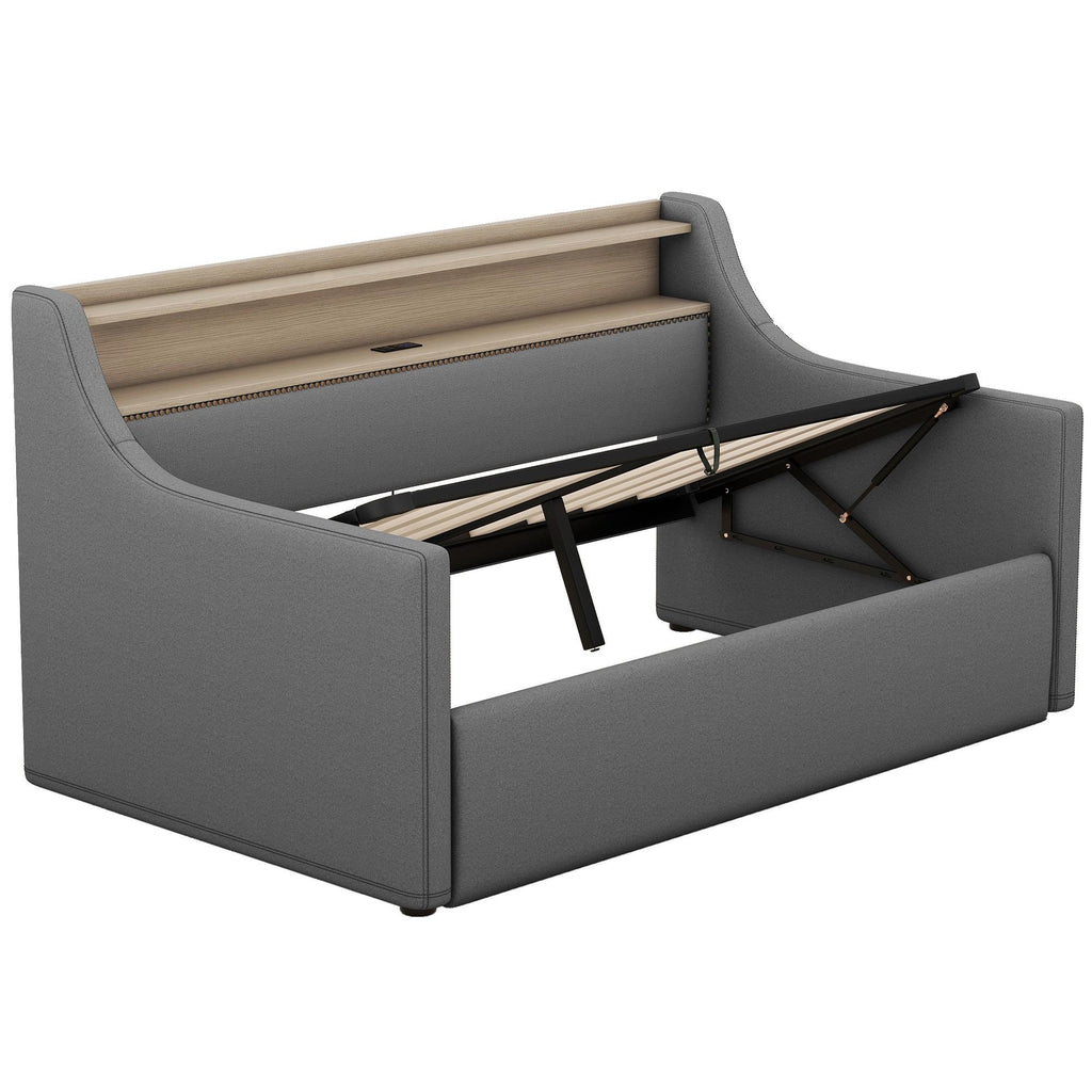 Twin Size Upholstered Sofa Bed Frame with Hydraulic Storage and LED Lights P387842