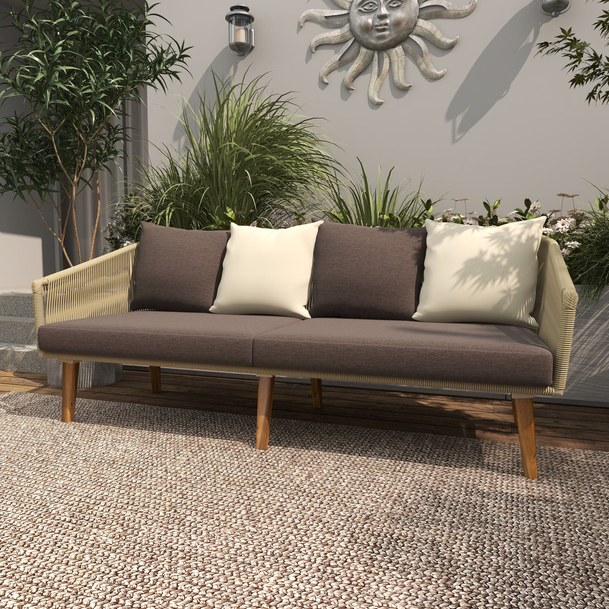 Gray Woven Rope Wood Outdoor Sofa with Polyester Cushions B466