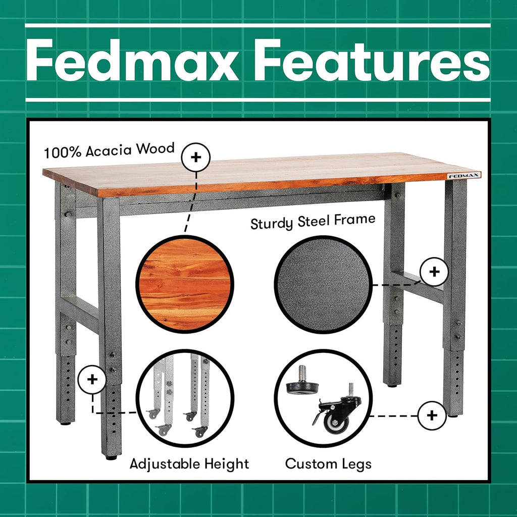 48 Wide Rolling Metal Workbench with Acacia Top C8925