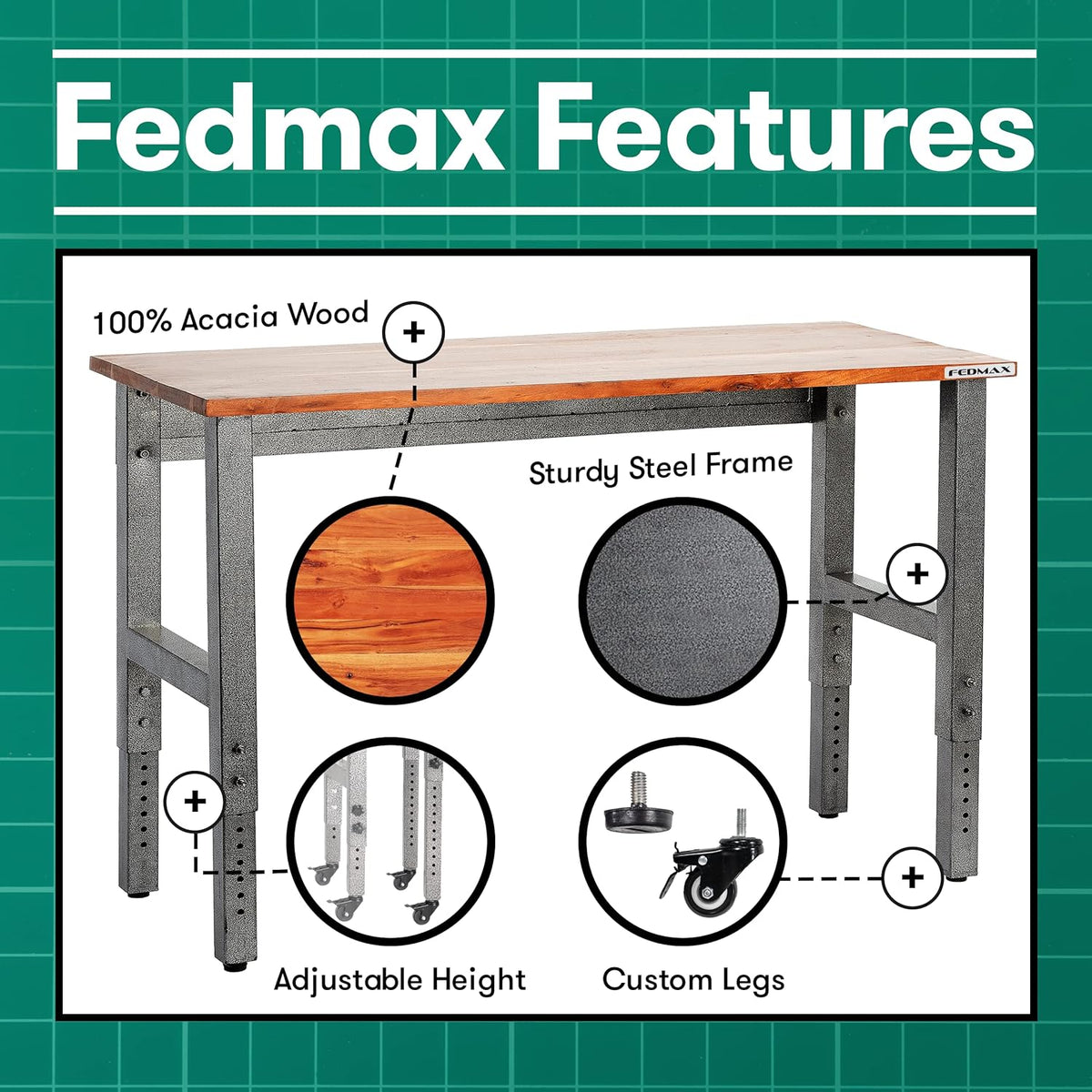 48 Wide Rolling Metal Workbench with Acacia Top C8925