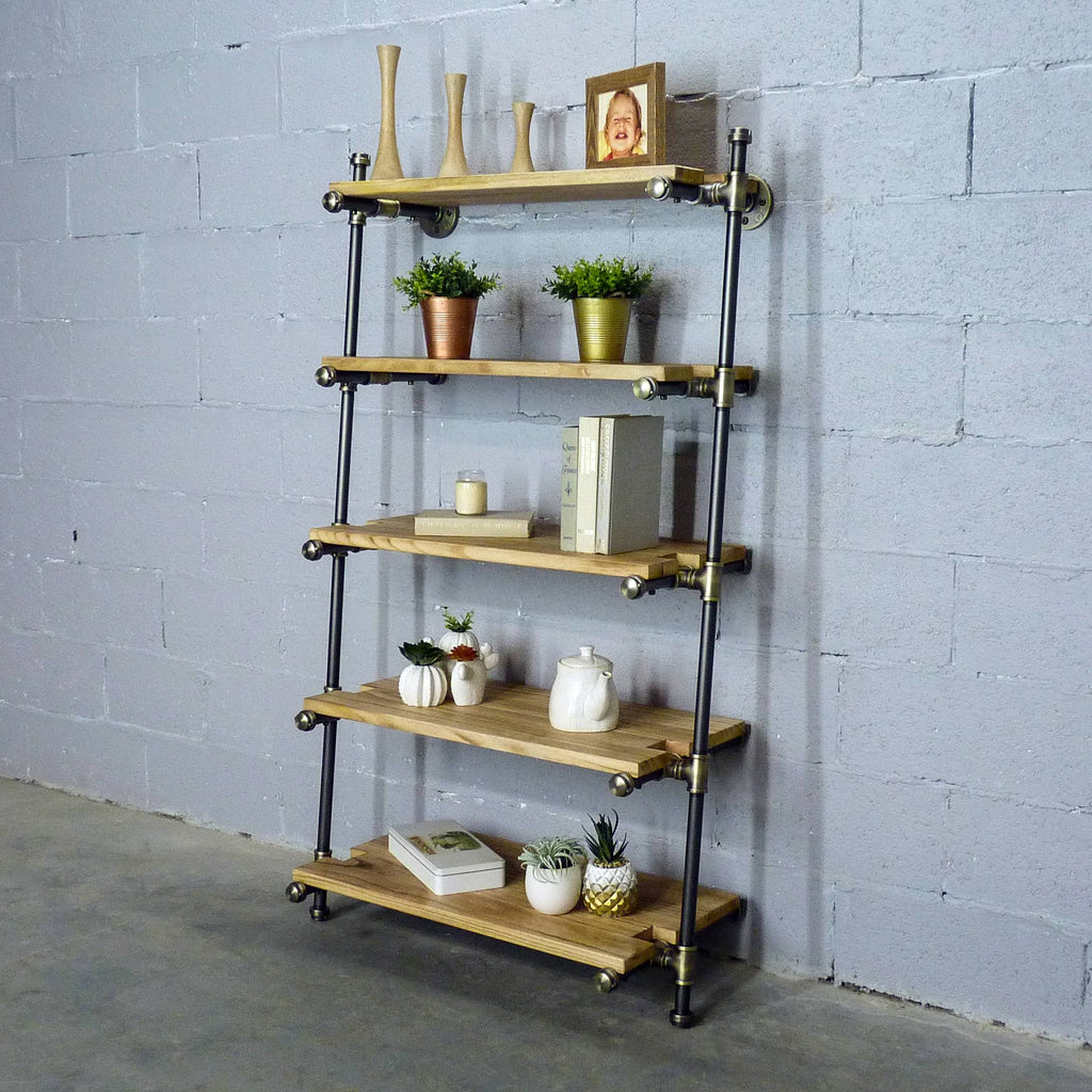 35-Inch Leaning Bookcase Brass Gray Metals with Natural Wood E5037