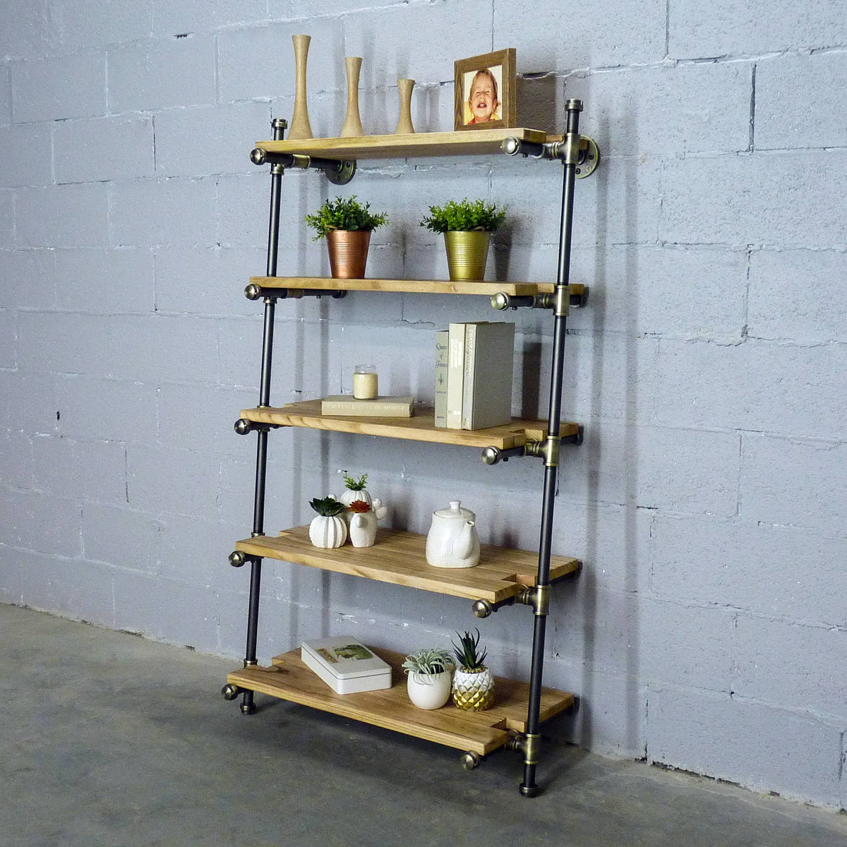 35-Inch Leaning Bookcase Brass Gray Metals with Natural Wood E5037