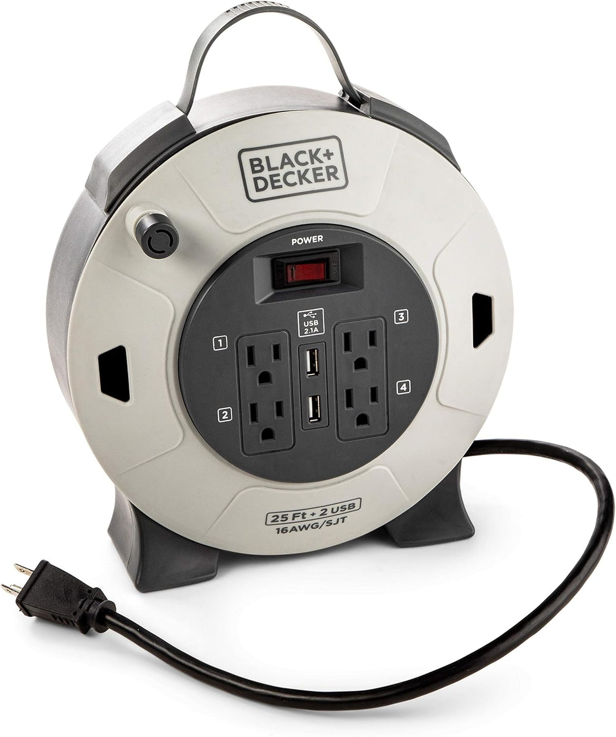 Retractable Extension Cord, 25 ft, 4 Outlets, 2 USB Ports, 16AWG SJT Cable D381621