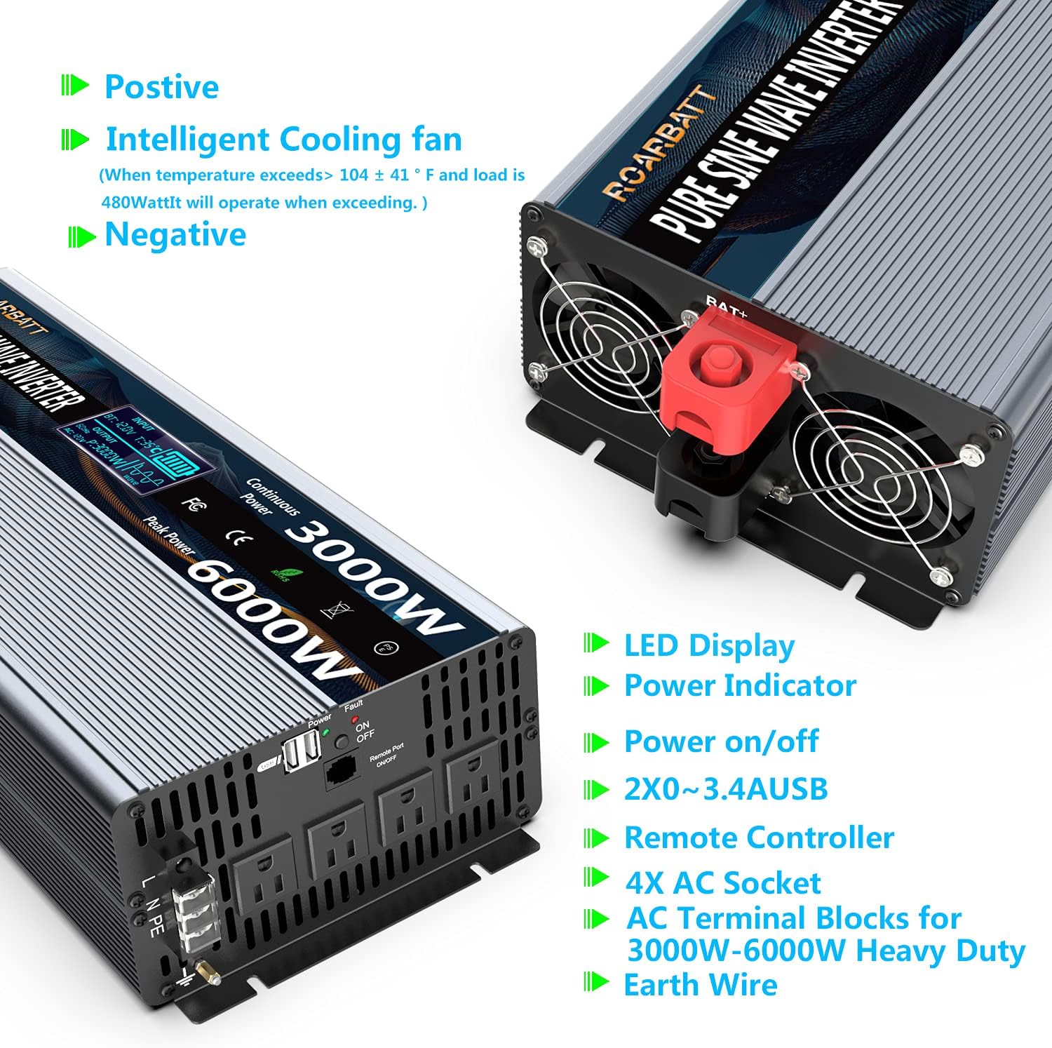 Pure Sine Wave Power Inverter 3000Watt 12V DC to AC 110V 120V with Remote Control 4 AC Outlets Dual USB Port G93921