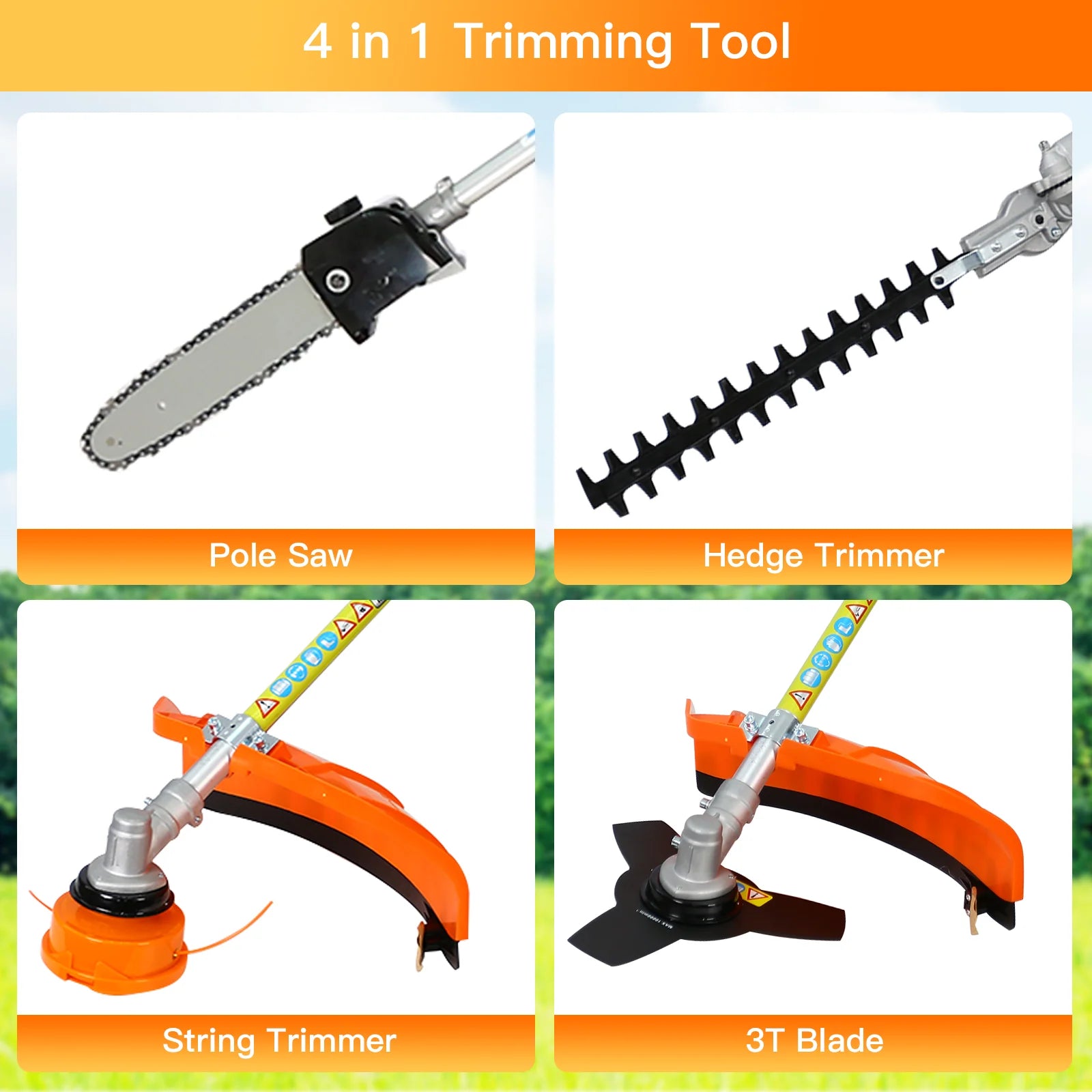 4 in 1 String Trimmer Lawn Edger Grass Brush Cutter Cordless Mower Garden Tool with Gas Pole Saw and Hedge Trimmer G724