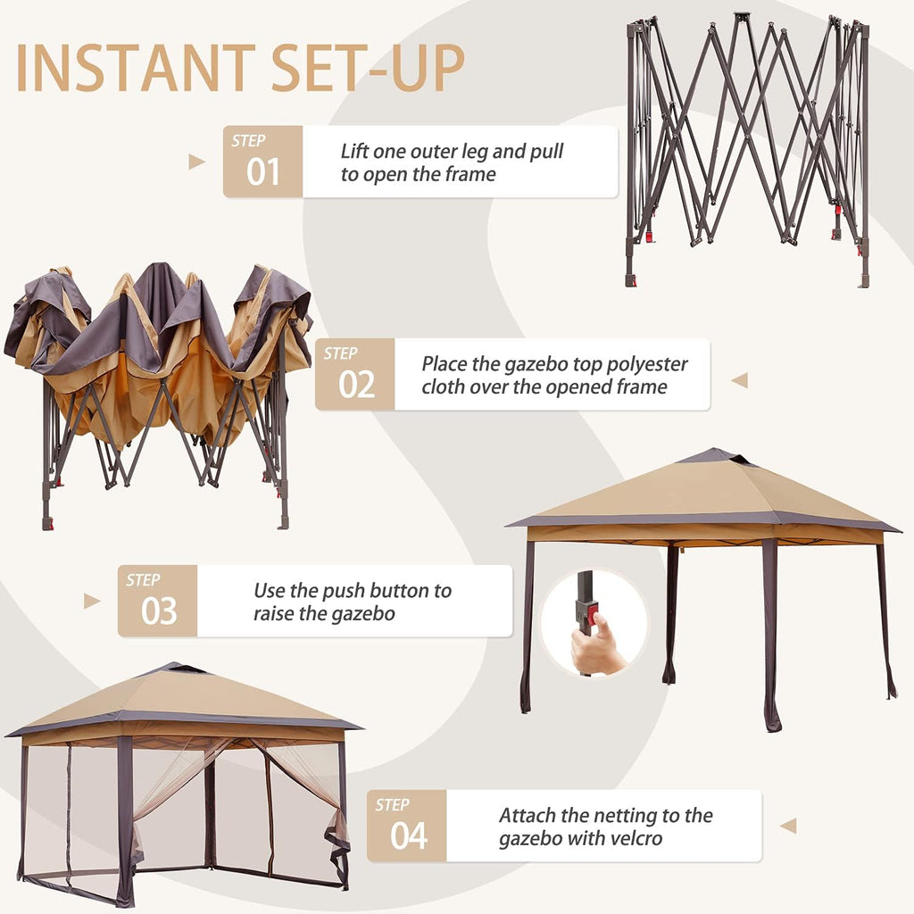 Brown 11'x11' Pop up Canopy Tent with Netting Sidewalls T995423
