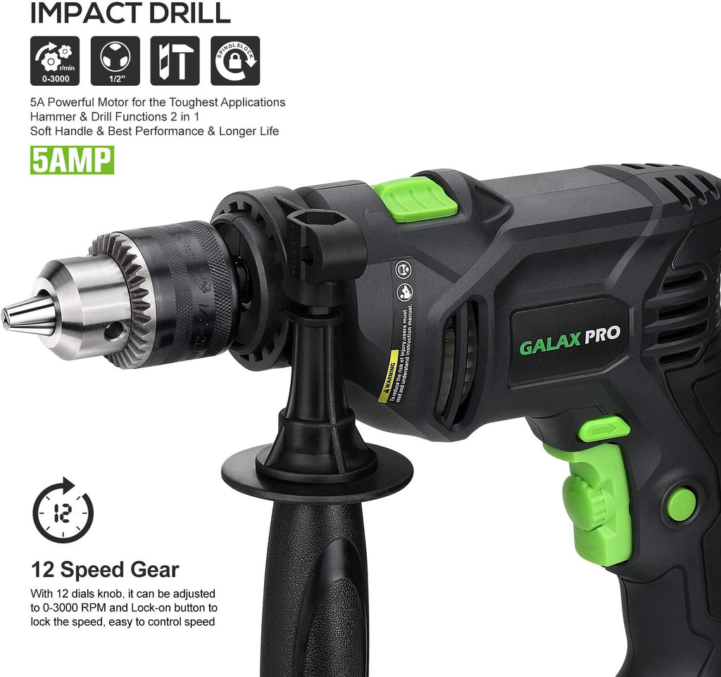 5Amp 1/2-inch Corded Impact Drill with 105pcs Accessories, Variable Speed 0-3000, Hammer and Drill 2 Functions in 1, 360°Rotating Handle, Depth Gauge, Carrying Case Included Pack of 2 Q373