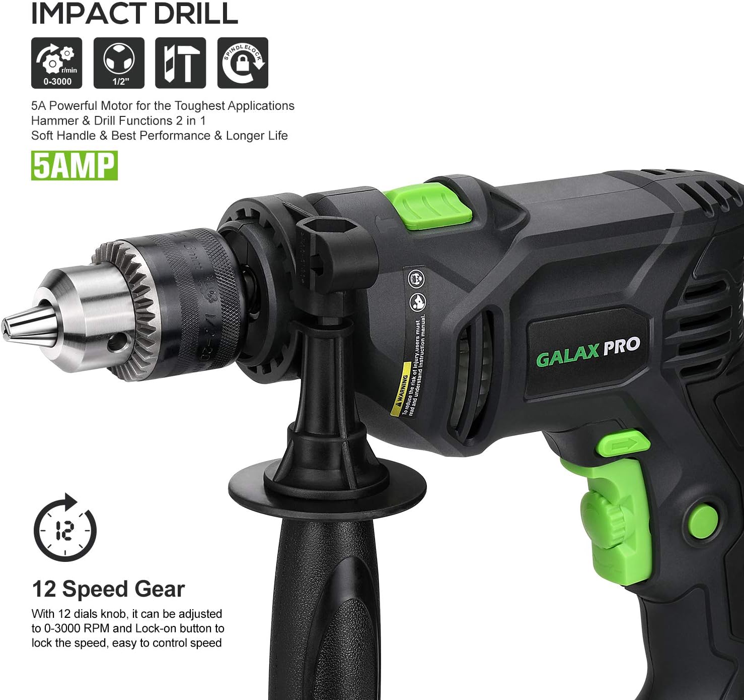5Amp 1/2-inch Corded Impact Drill with 105pcs Accessories, Variable Speed 0-3000, Hammer and Drill 2 Functions in 1, 360°Rotating Handle, Depth Gauge, Carrying Case Included Pack of 2 Q373