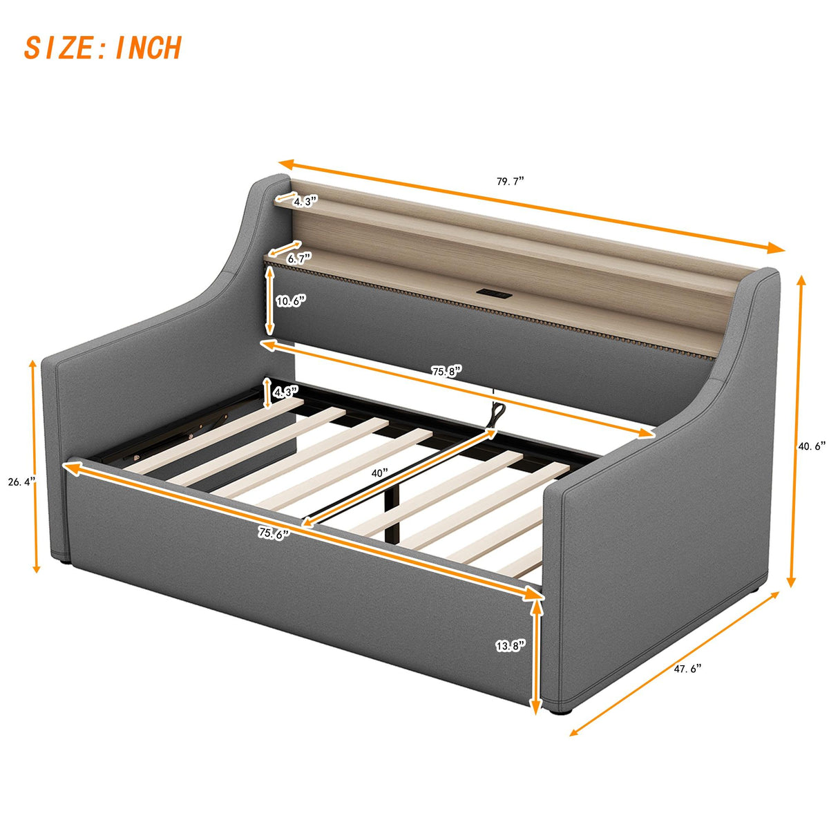 Twin Size Upholstered Sofa Bed Frame with Hydraulic Storage and LED Lights P387842