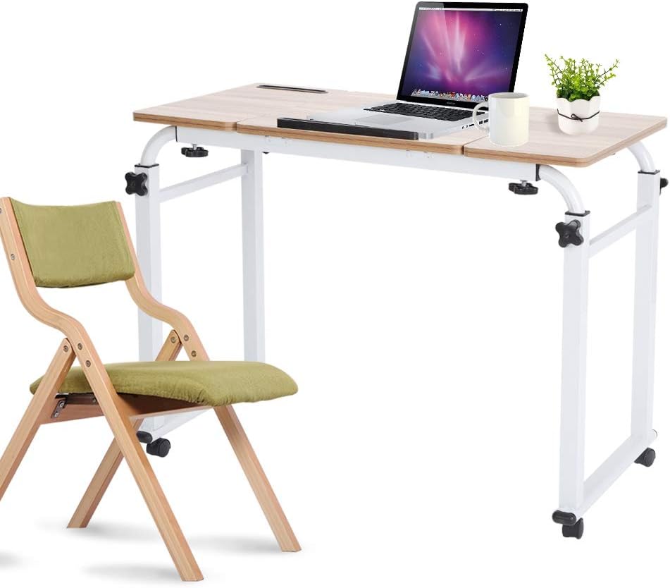 Overbed Table Mobile Computer Desk with Wheels Metal Legs Storage Shelves 47.24inch Black W8299
