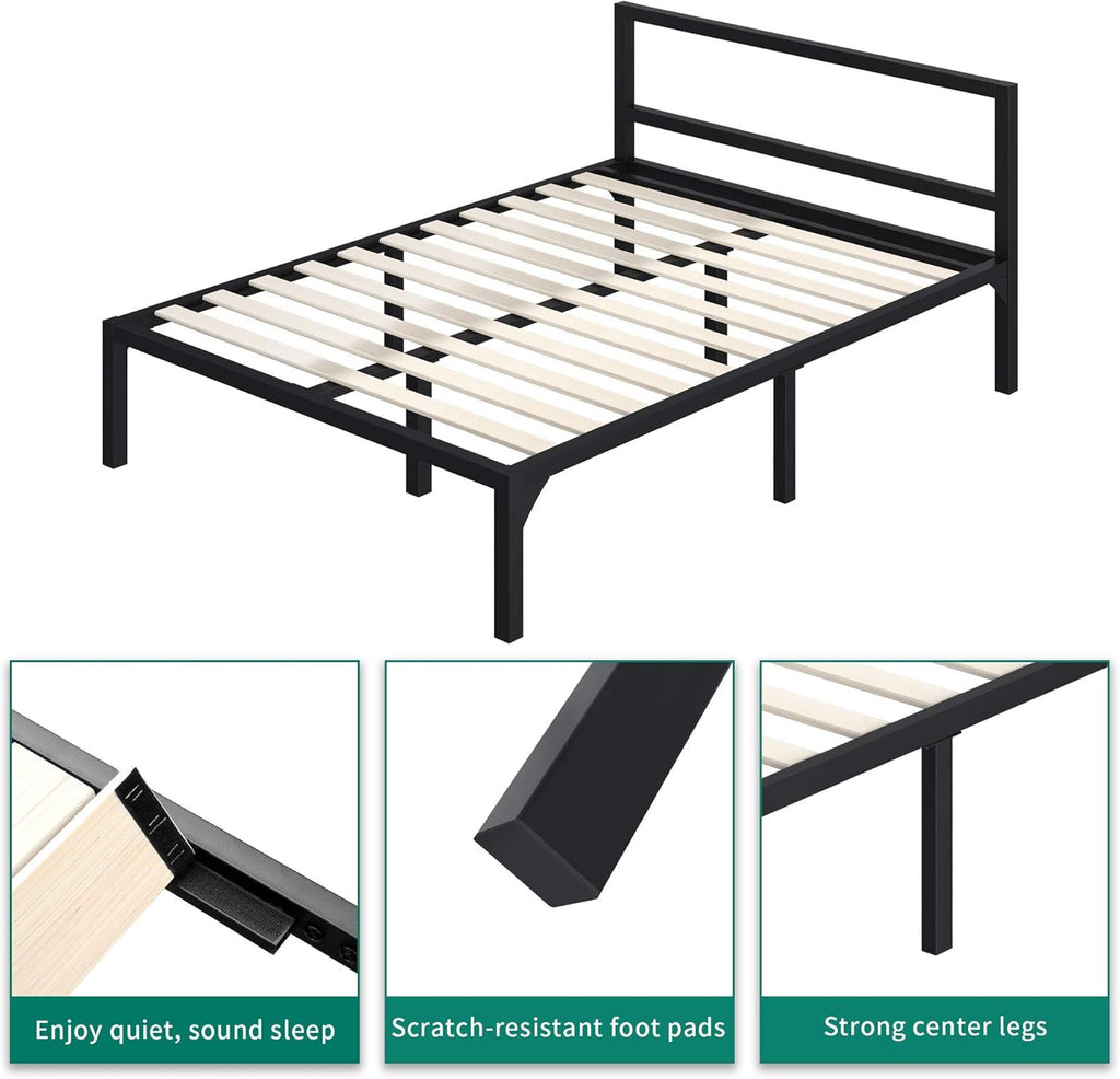 Full Size Black Metal Platform Bed Frame with Headboard S3223