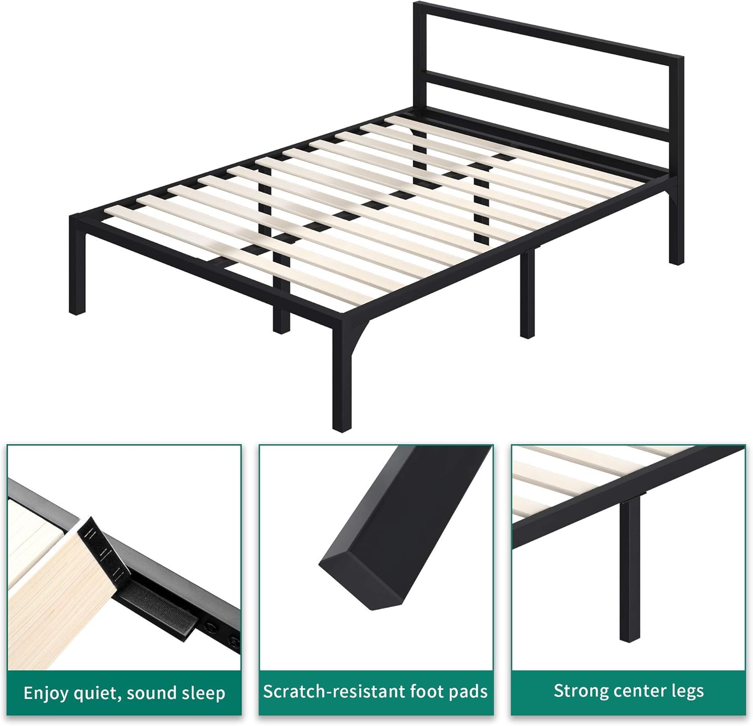 Full Size Black Metal Platform Bed Frame with Headboard S3223