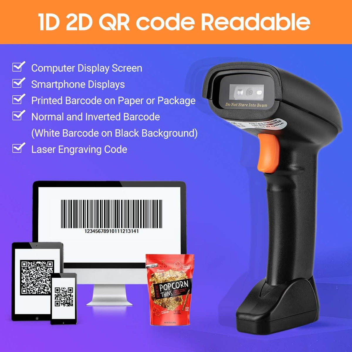 Wireless 1D 2D QR Barcode Scanner with Cradle, Pack of 2 B671