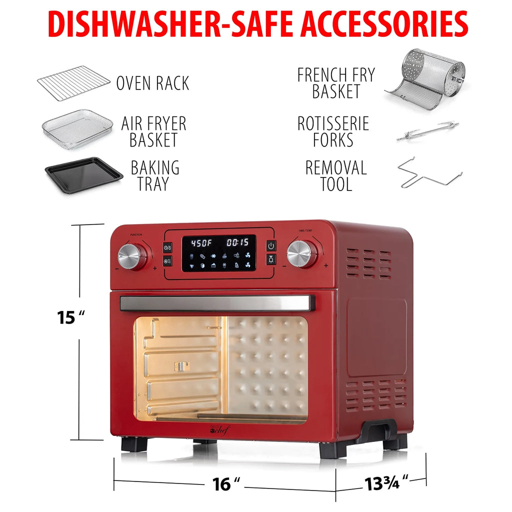 Red Stainless Steel Countertop Toaster Oven with Air Fryer and Rotisserie Assembly M5217