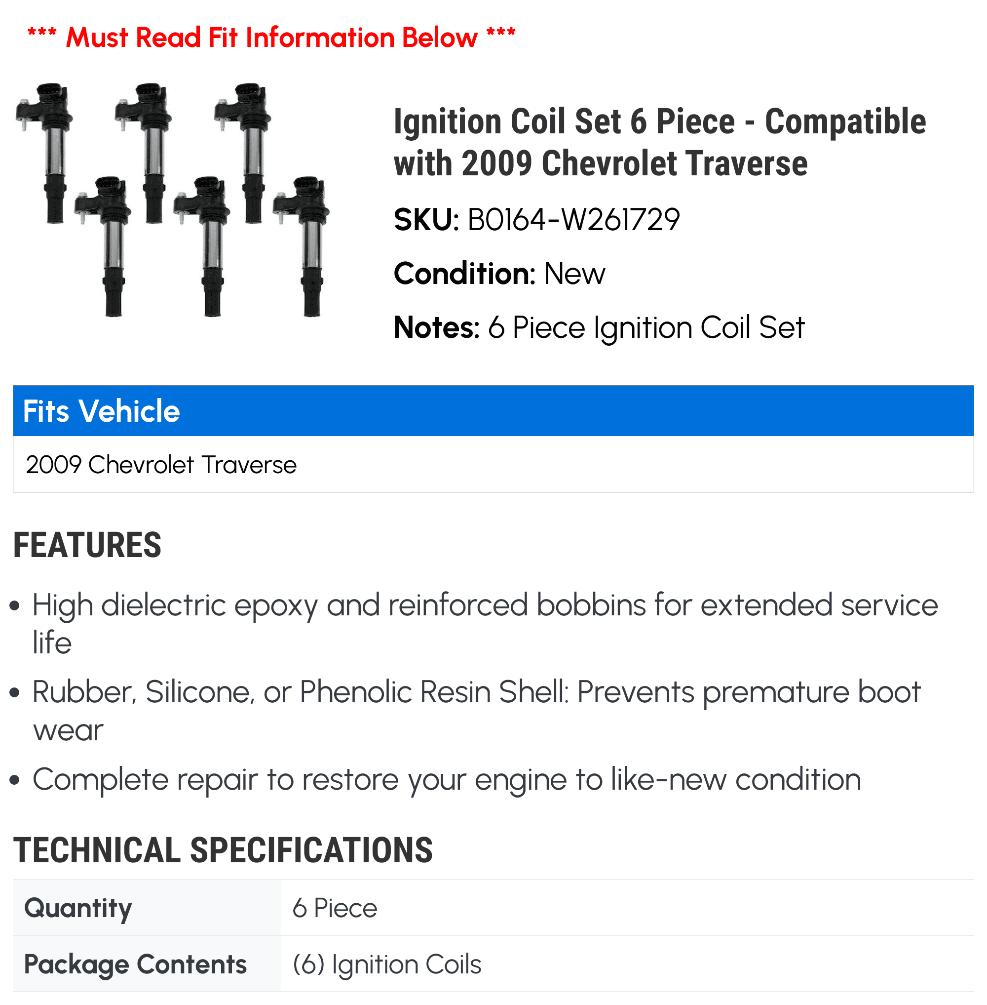 Ignition Coil Set 6 Piece B60187