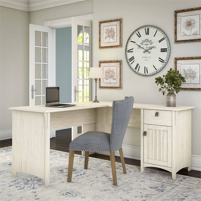 Antique White L Shaped Desk with Storage D27382