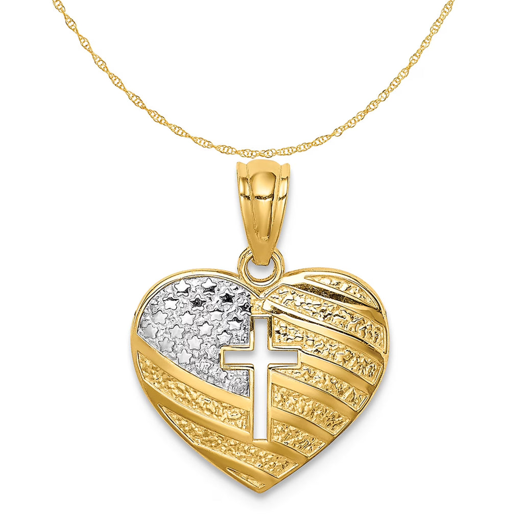 14K Two-Tone Gold Rhodium USA Flag Cross Heart Pendant Necklace S727