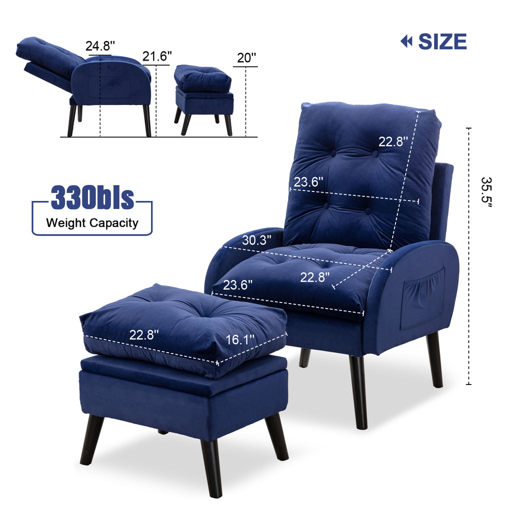 Blue Velvet Accent Recliner Chair with Ottoman with Storage Y8941
