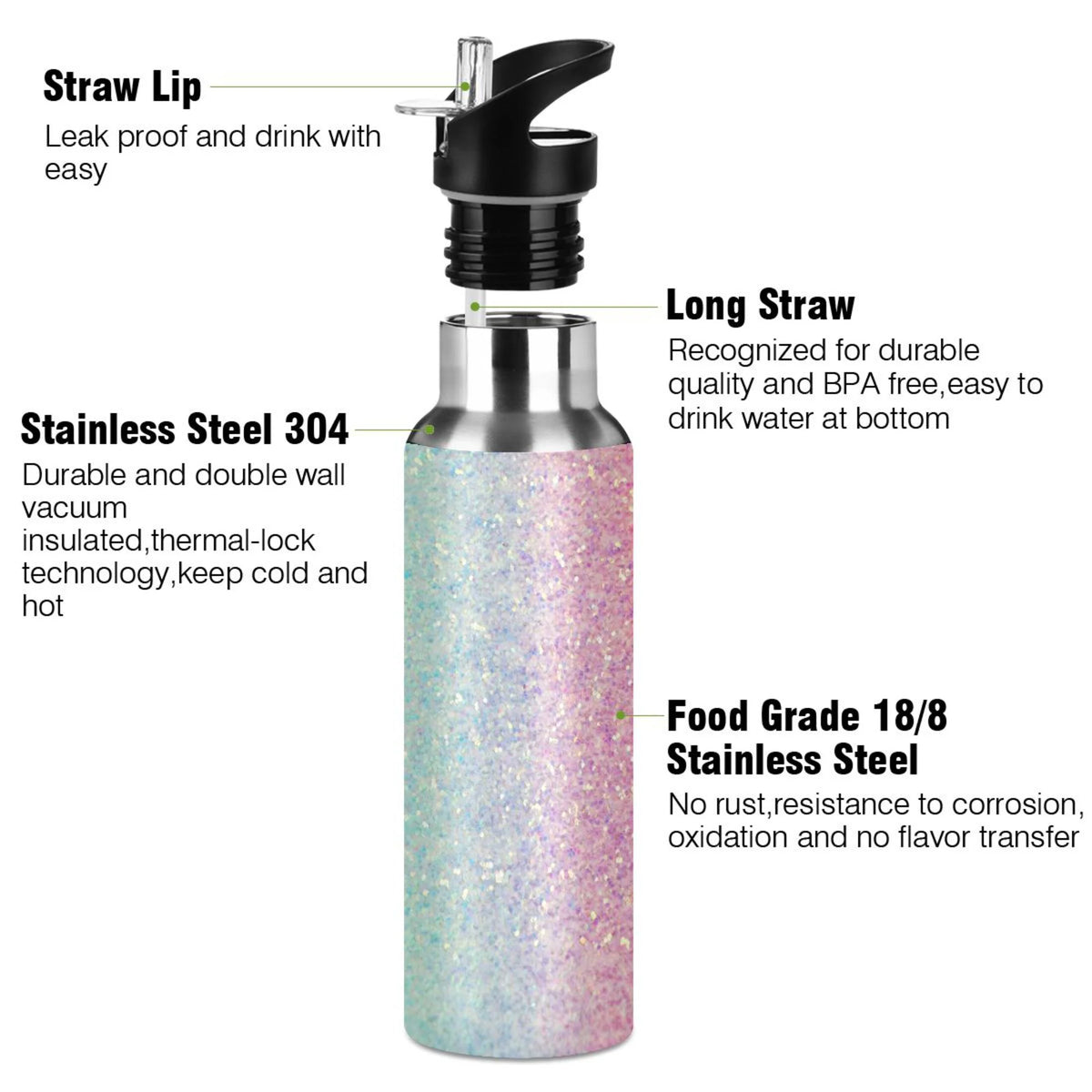 Rainbow Glitter Gradient Stainless Steel Vacuum Insulated Water Bottle with Straw Lid 20 OZ B900007