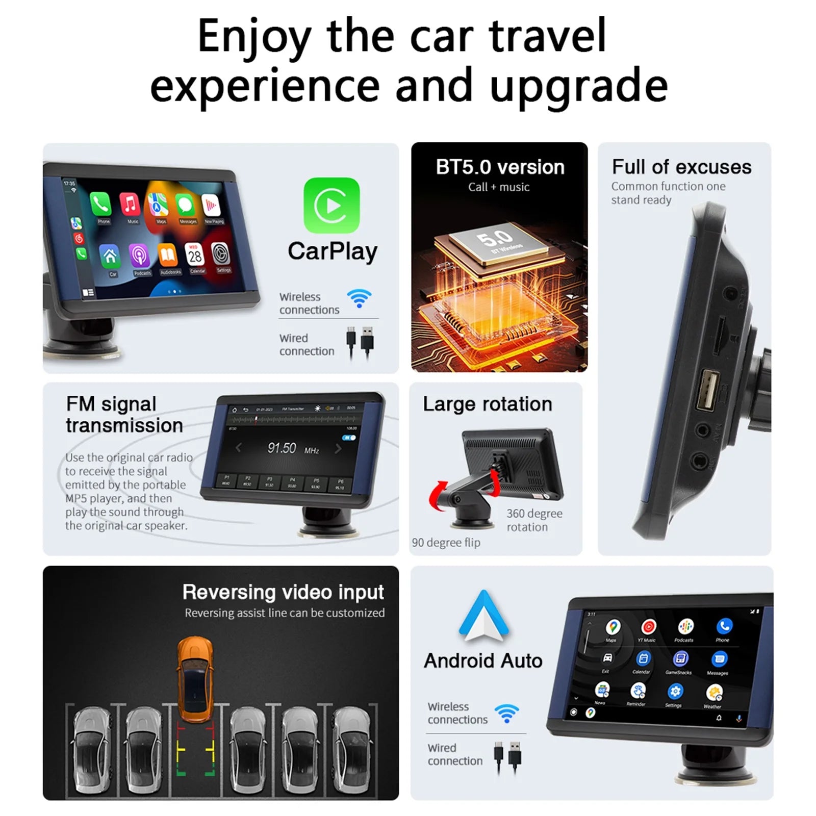 7" Portable Bluetooth Car MP5 Player Monitor Wireless Carplay Camera K784200