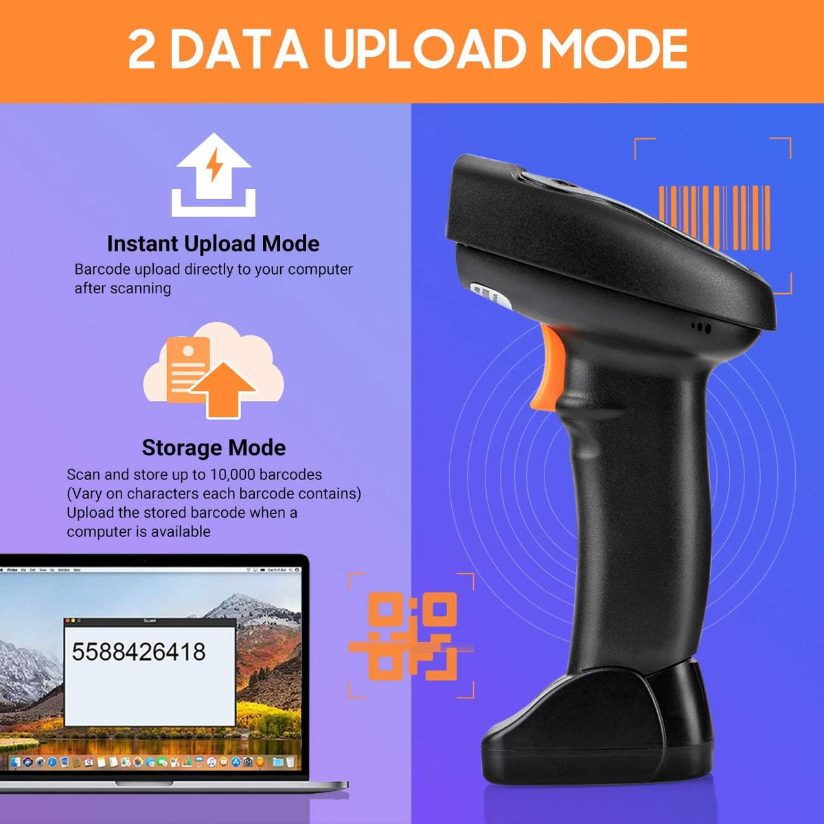 Wireless 1D 2D QR Barcode Scanner with Cradle, Pack of 2 B671
