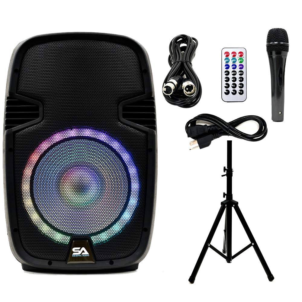 Active 10 inch DJ Karaoke Party Speaker with Stand, Bluetooth, LED Lights, Microphone, Cable and R F240