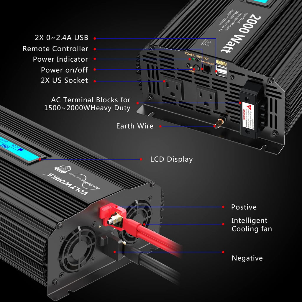 2000Watt DC 12V to 120V AC Car Power Inverter with 2 AC Outlets and LCD Display Q85144
