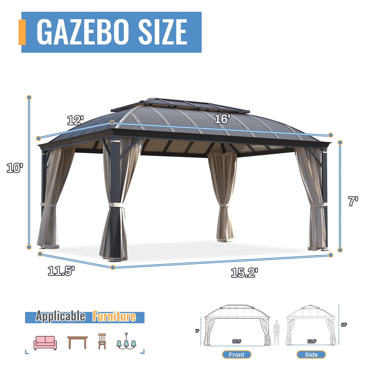 12'x16' Hardtop Aluminum Patio Gazebo with Aluminum Composite Double Roof T695771