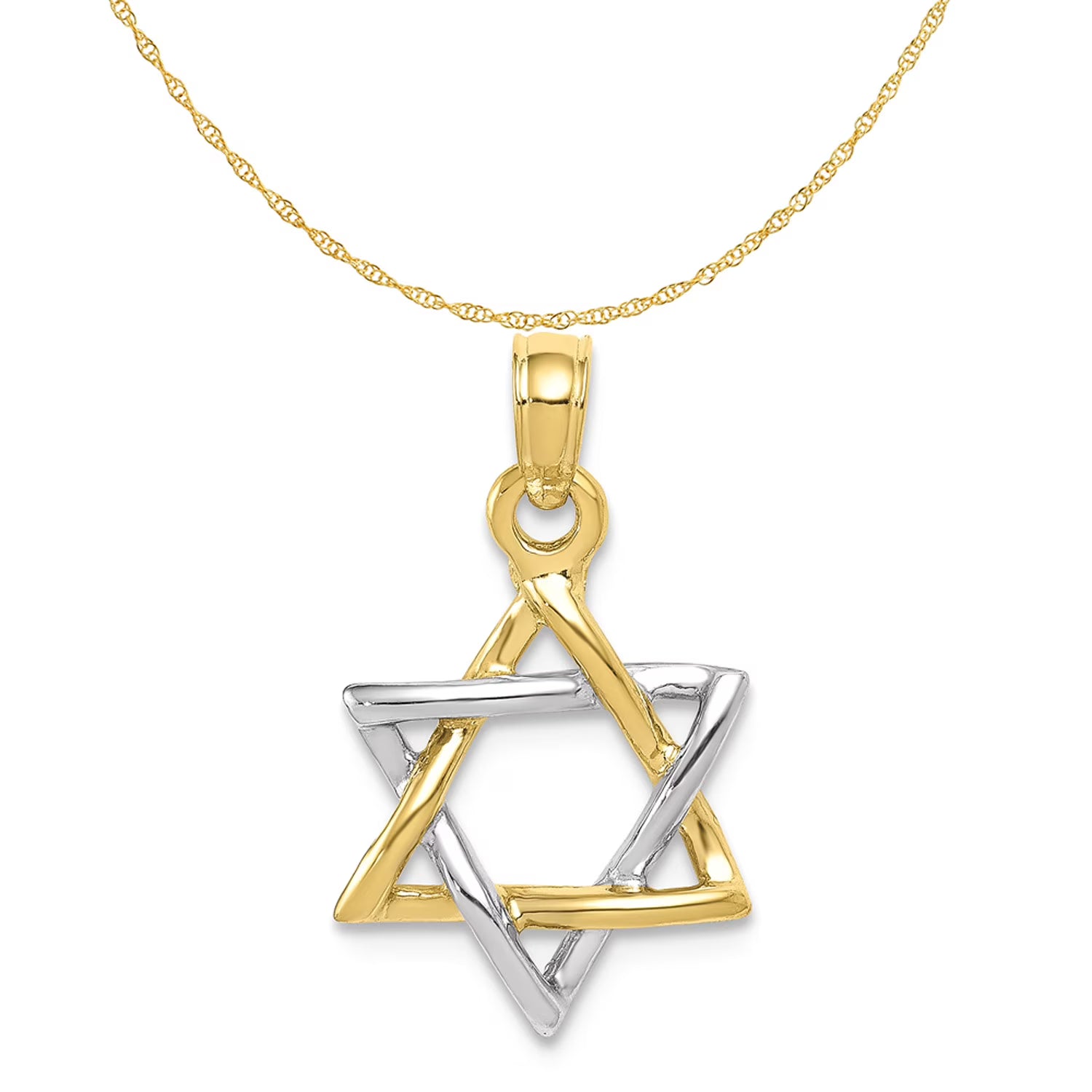 10K Two-Tone Gold Polished Star Of David Pendant With 10K Yellow Gold Lightweight Rope Chain 18" G26107