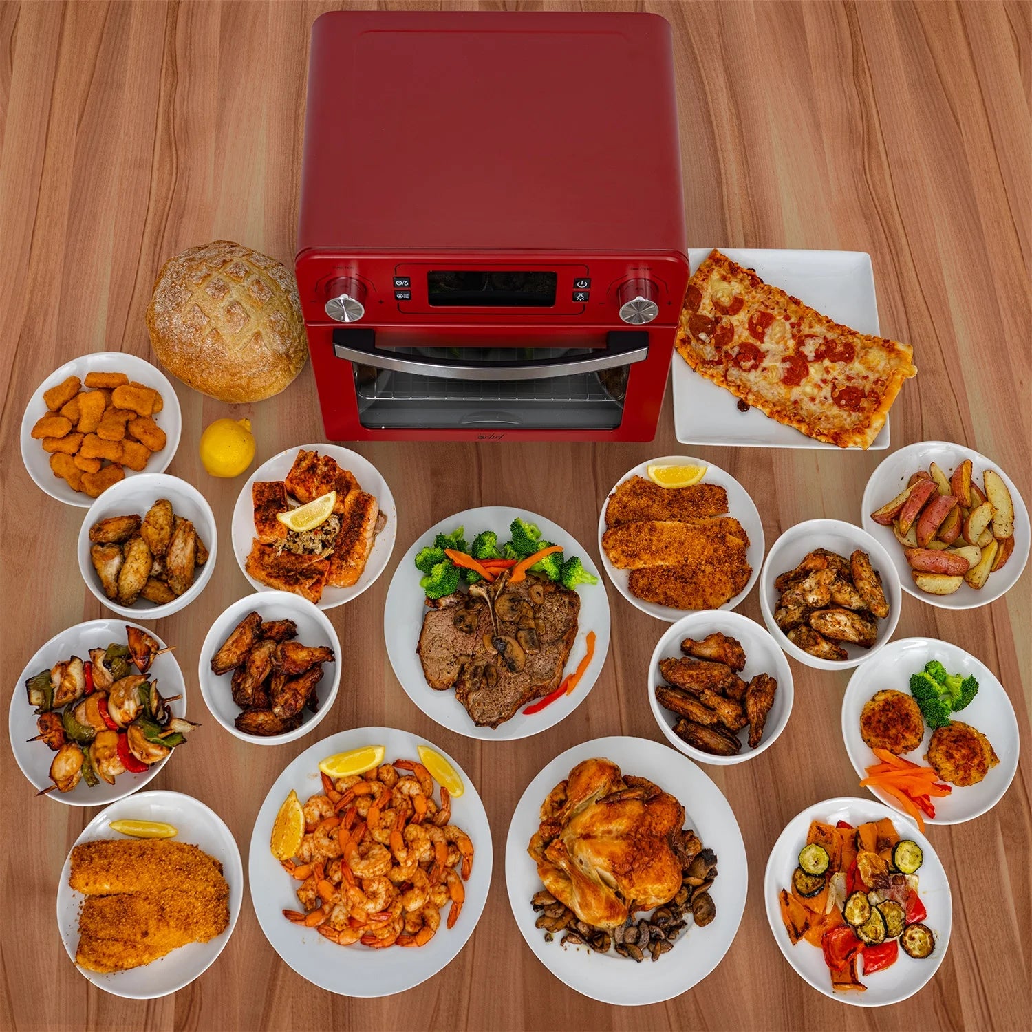Red Stainless Steel Countertop Toaster Oven with Air Fryer and Rotisserie Assembly M5217