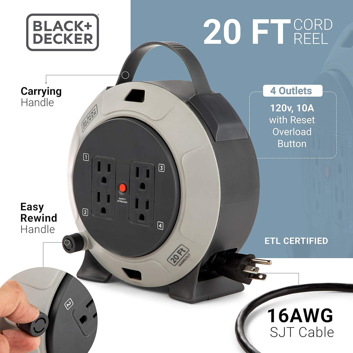Retractable Extension Cord, 25 ft, 4 Outlets, 2 USB Ports, 16AWG SJT Cable D381621