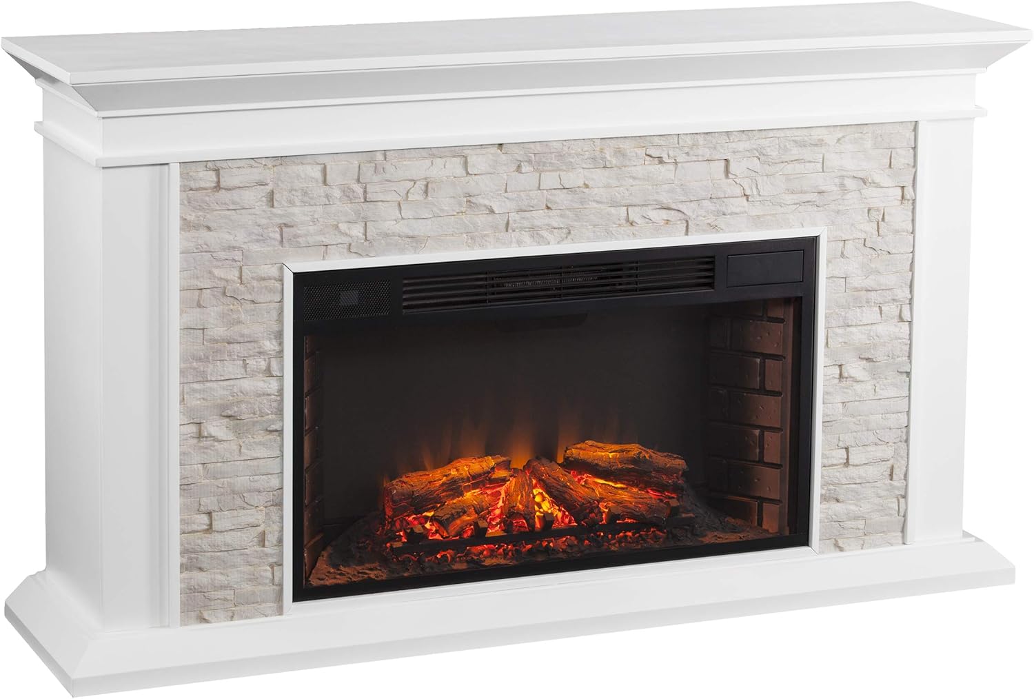 White Faux Stacked Stone Electric Fireplace J22654