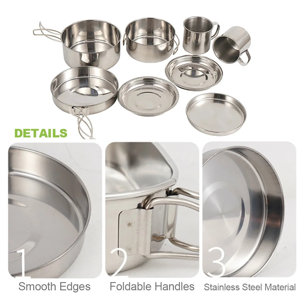 8PCS Stainless Steel Camping Cookware Mess Kit U614
