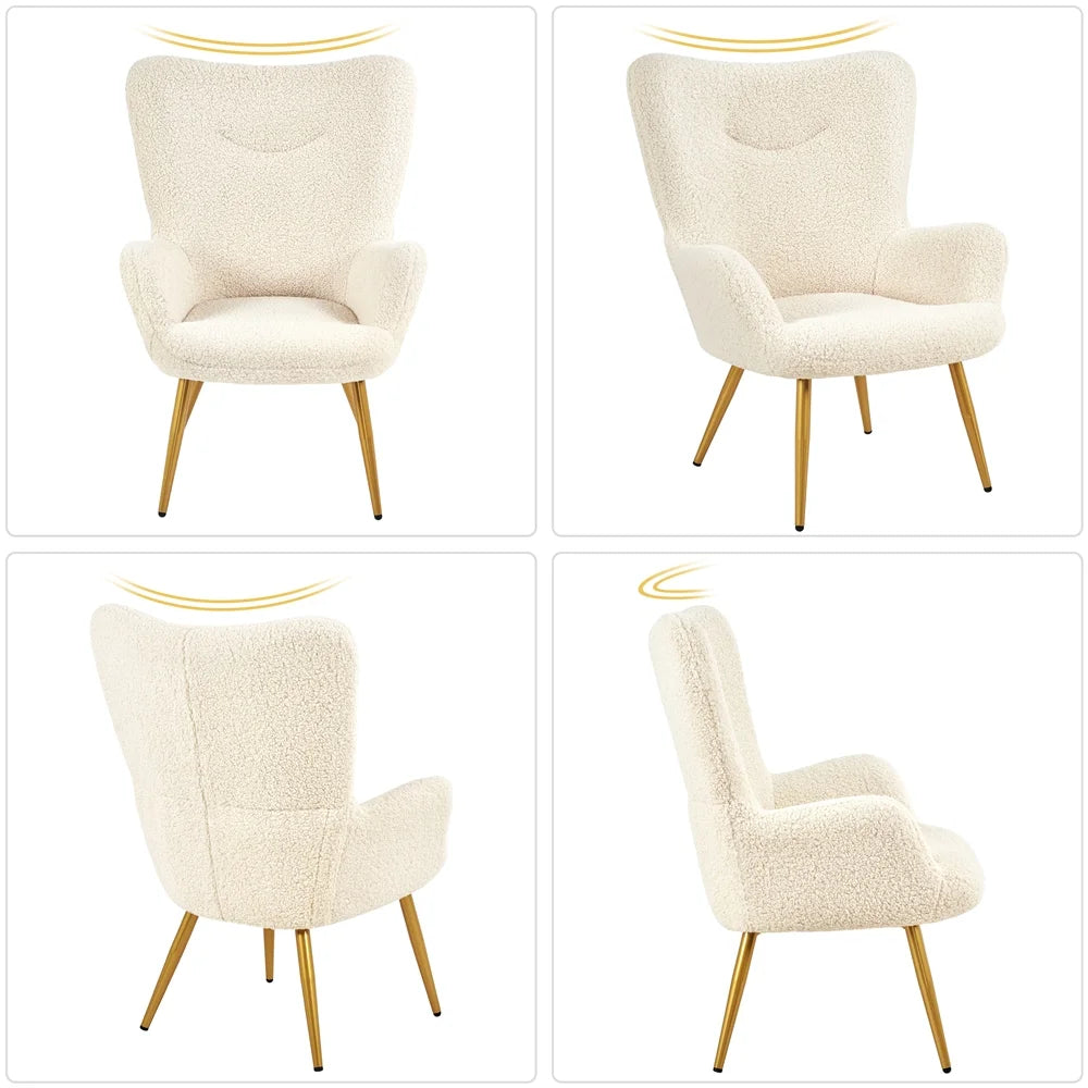 Ivory Boucle Accent Chair and Ottoman Set with Golden Metal Legs I17523