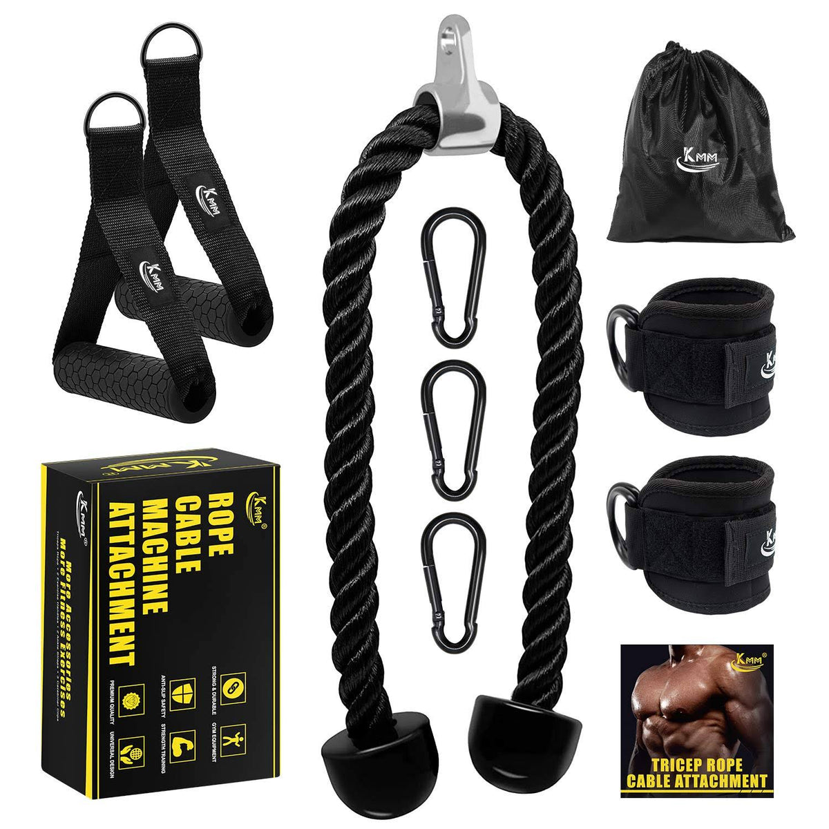 Tricep Rope Cable Machine Attachment with Carabiner A310