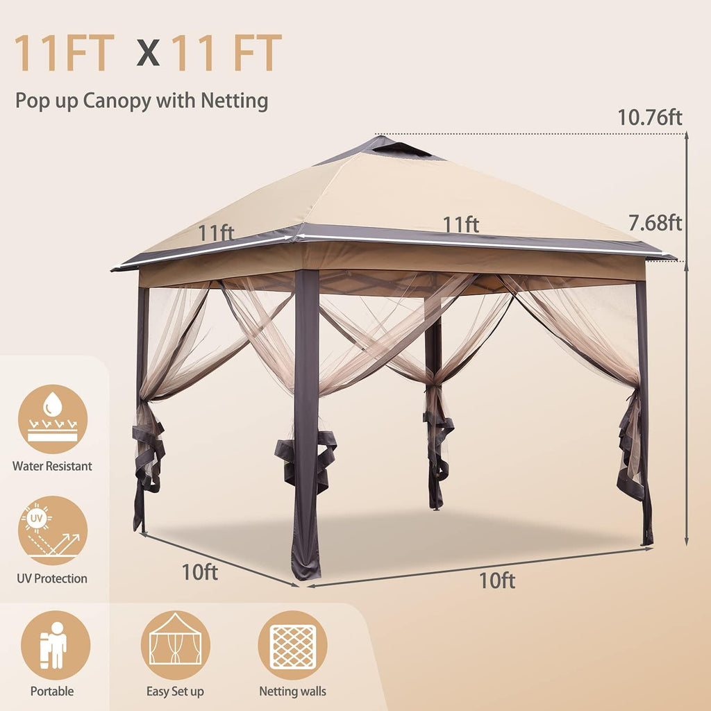 Brown 11'x11' Pop up Canopy Tent with Netting Sidewalls T995423