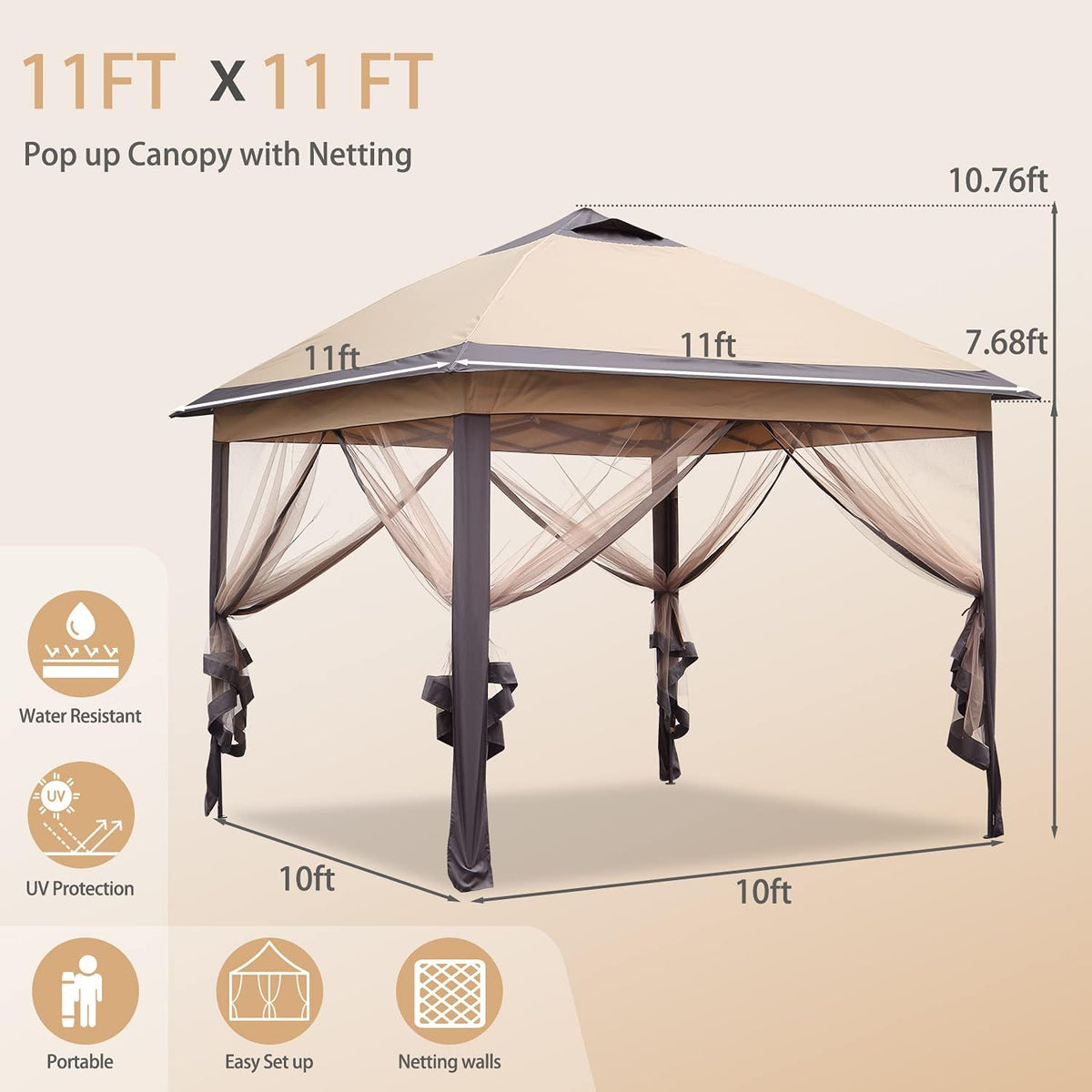 Brown 11'x11' Pop up Canopy Tent with Netting Sidewalls T995423