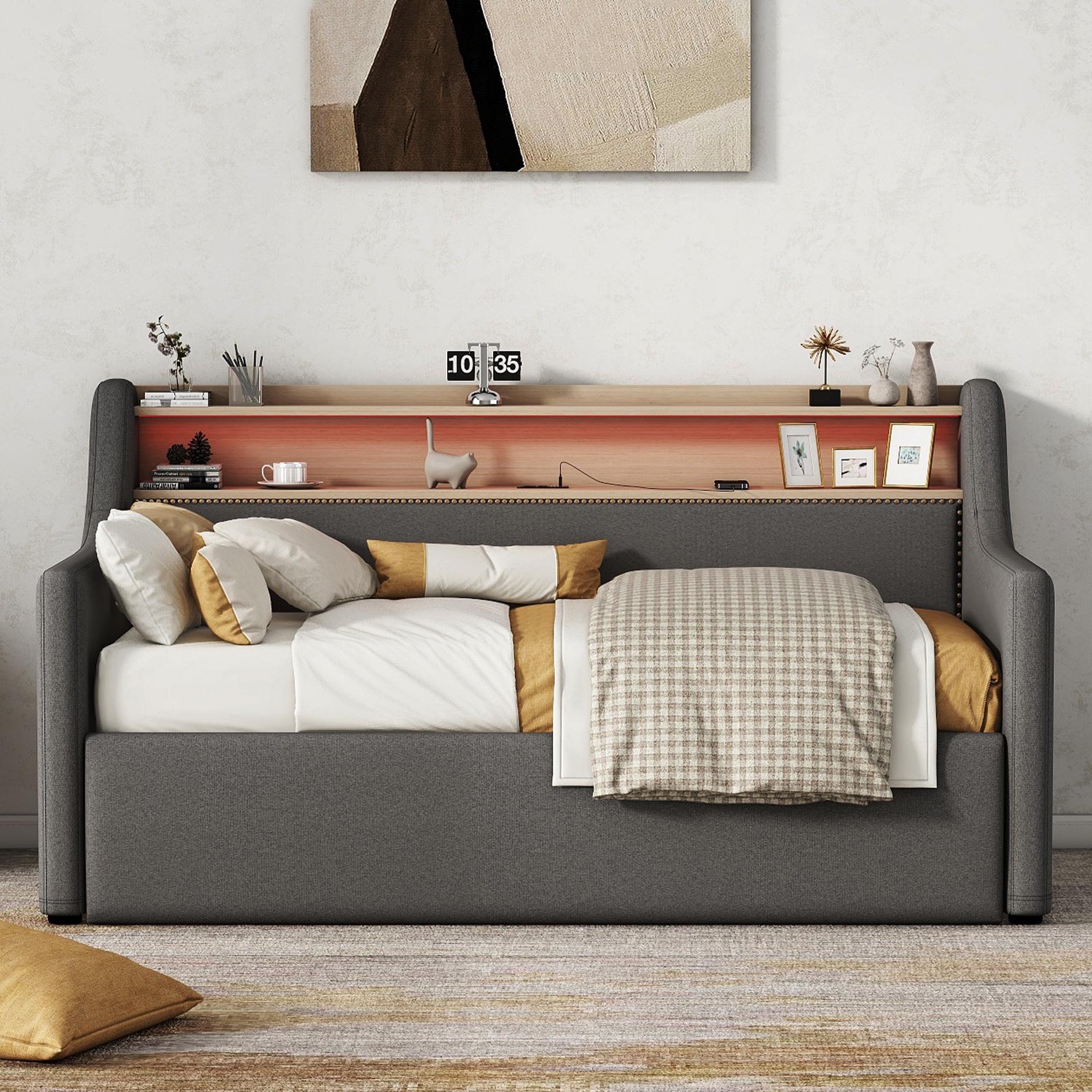 Twin Size Upholstered Sofa Bed Frame with Hydraulic Storage and LED Lights P387842