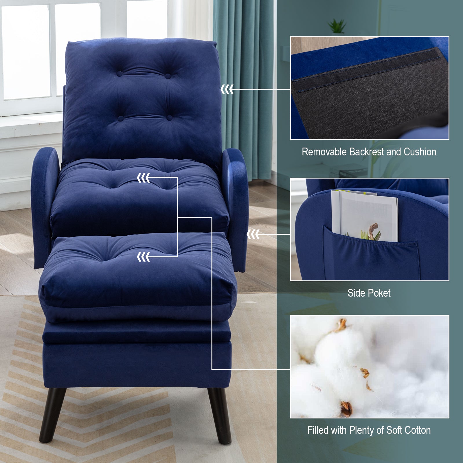 Blue Velvet Accent Recliner Chair with Ottoman with Storage Y8941