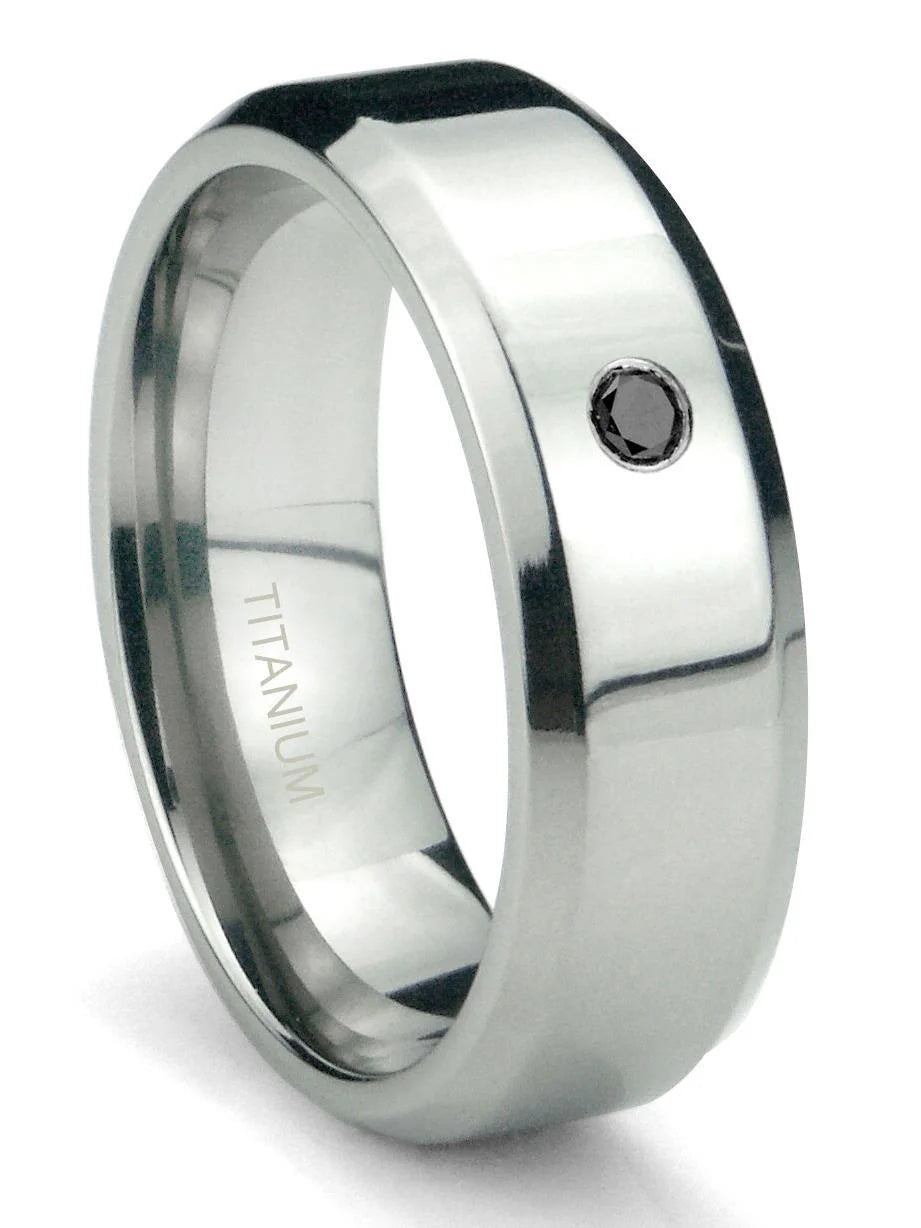 Titanium 6mm Solitaire Black Diamond Beveled Comfort Fit Mens Wedding Band Ring I8905