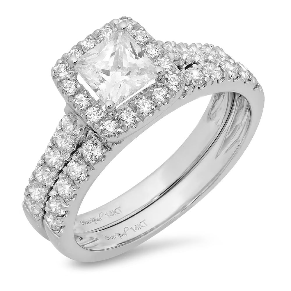 18K White Gold Halo Engagement Ring with Crystal Side Stones Y460