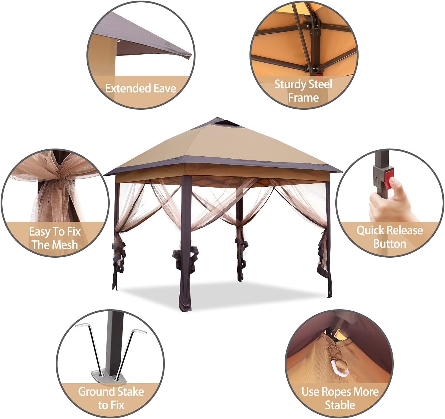 Brown 11'x11' Pop up Canopy Tent with Netting Sidewalls T995423
