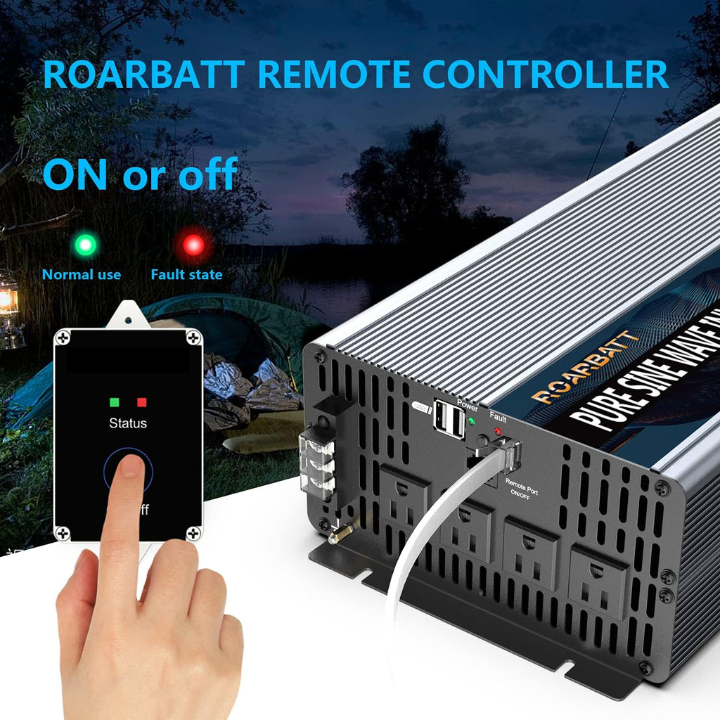 Pure Sine Wave Power Inverter 3000Watt 12V DC to AC 110V 120V with Remote Control 4 AC Outlets Dual USB Port G93921