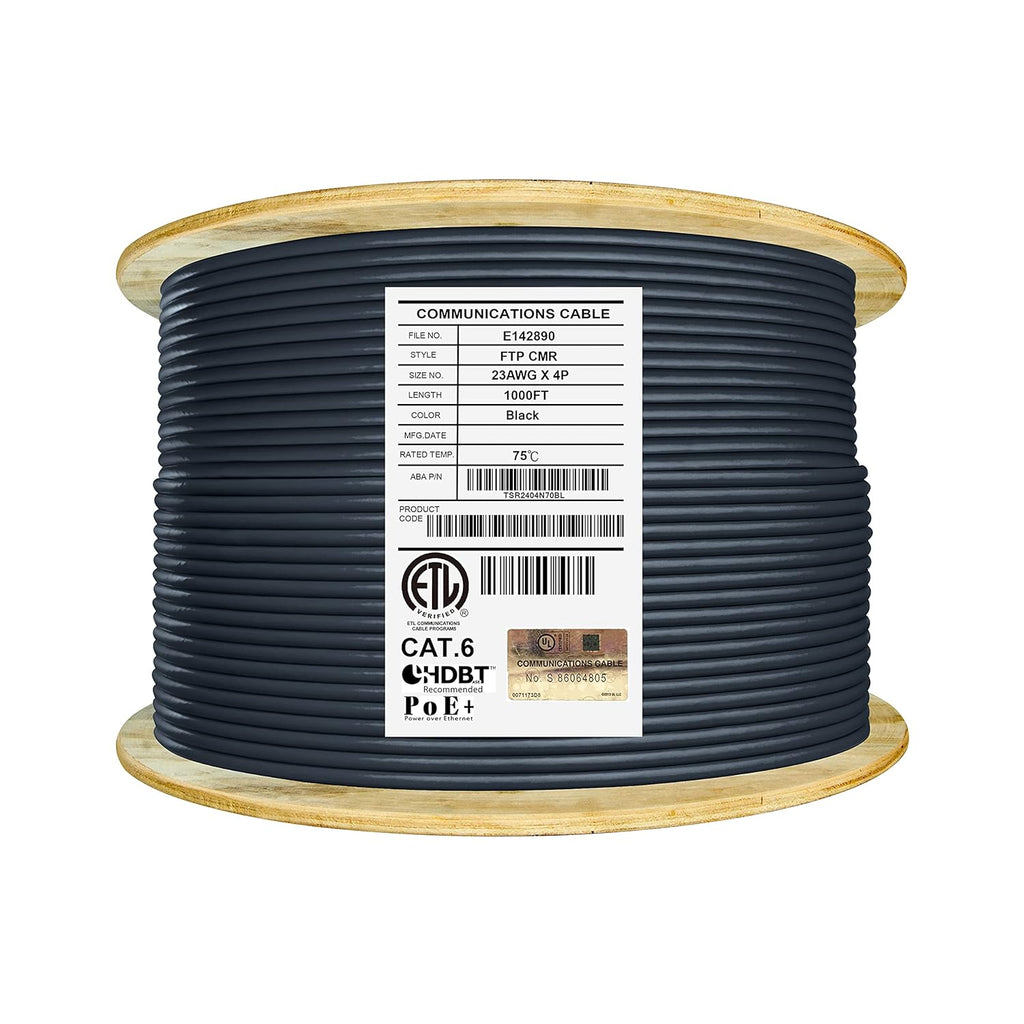 Bulk Ethernet Cable Reel, Cat6 Shielded Riser, 1000ft, Black U11535