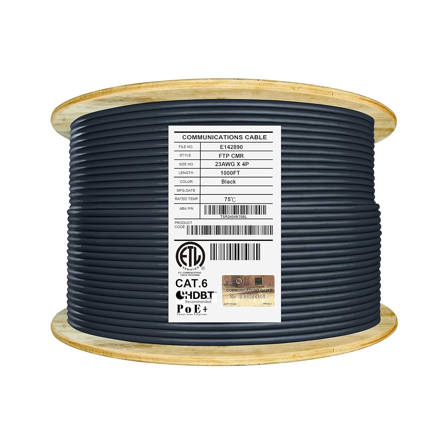Bulk Ethernet Cable Reel, Cat6 Shielded Riser, 1000ft, Black U11535