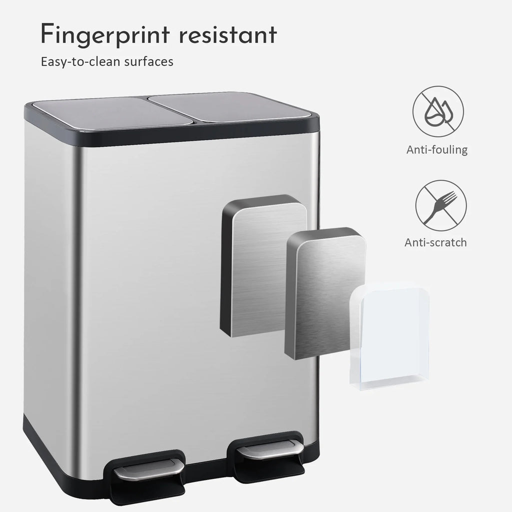 Dual Compartment Recycling Step Trash Can 13.2 Gallon Stainless Steel with 2 Removable Buckets and Lids T191508